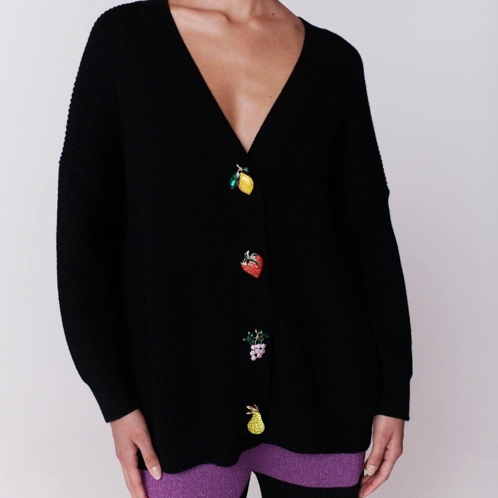 Olivia Rubin Frankie Black Oversized Ribbed Cardigan Fruit Jewel Buttons XS